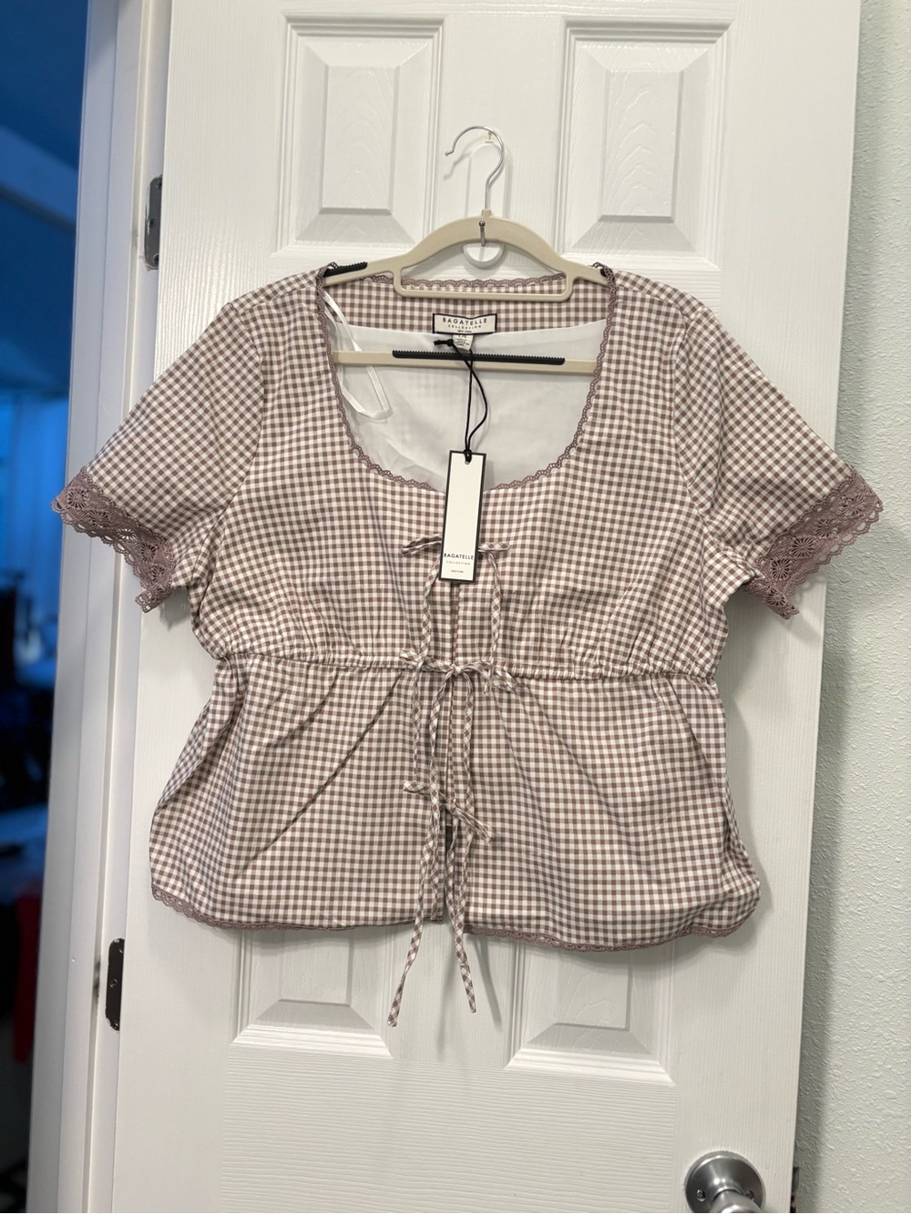 bagatelle Mauve Gingham Lace-Trim Drawstring Blouse